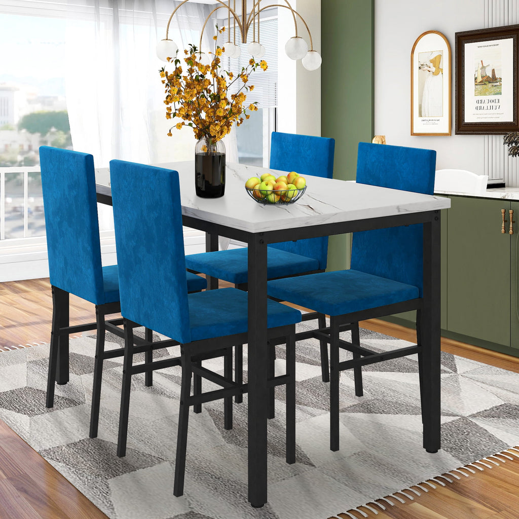 PAPROOS Dining Table Set for 4, Modern 5-Piece Kitchen Table Set with Faux Marble Top and Velvet Upholstery Chairs, Heavy Duty Dinette Sets for Breakfast Nook, Dining Room Table and Chairs, Gray