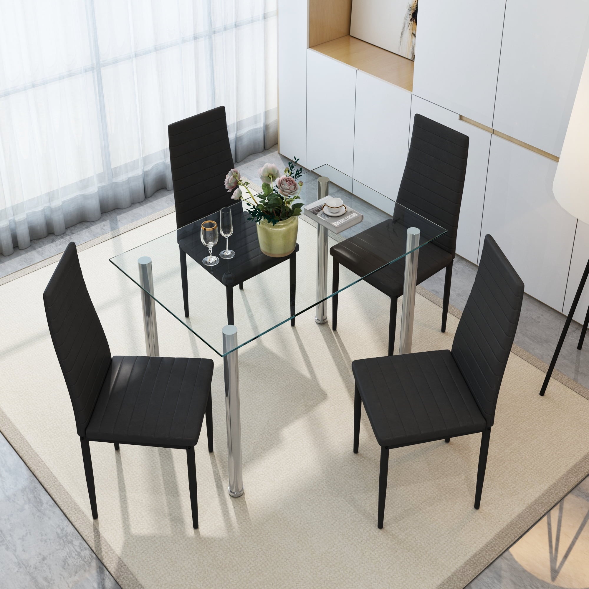 PAPROOS Dining Table Set for 4, Modern 5-Piece Kitchen Table Set with Faux Marble Top and Velvet Upholstery Chairs, Heavy Duty Dinette Sets for Breakfast Nook, Dining Room Table and Chairs, Gray