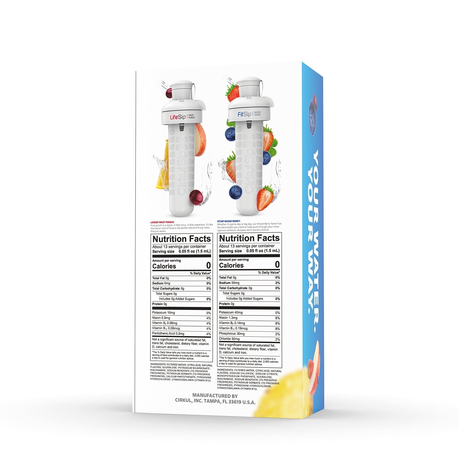 Cirkul 22oz Plastic Water Bottle Starter Kit with Blue Lid and 2 Flavor Cartridges (Fruit Punch & Mixed Berry)