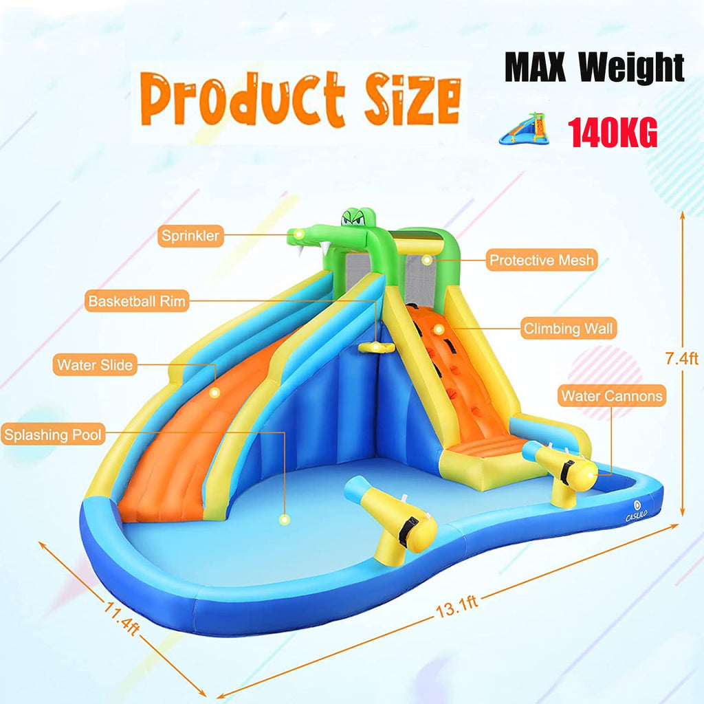 Inflatable Bounce House with Spray Pool, 2 Water Guns, Climbing Wall, Basketball Hoop, and Inflatable Water Slide with UL Air Blower, (Gift for Kids), Polyester, Child, Teen, Toddler