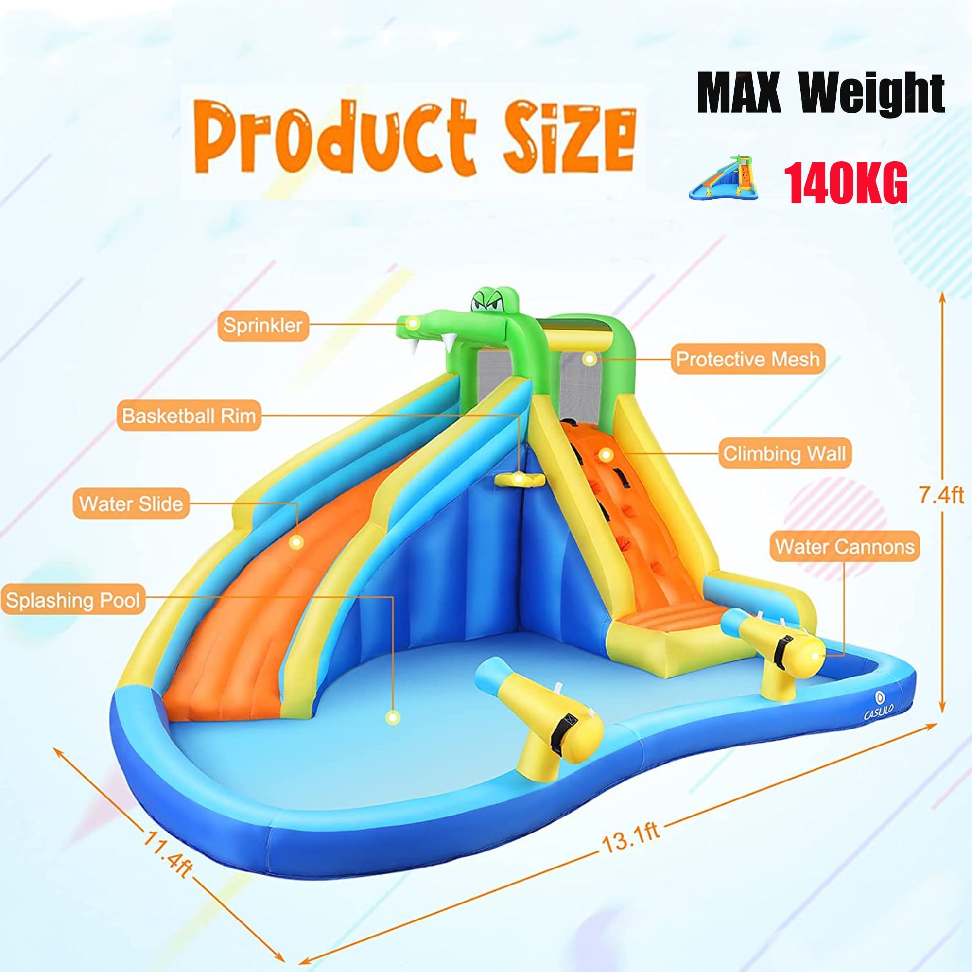 Inflatable Bounce House with Spray Pool, 2 Water Guns, Climbing Wall, Basketball Hoop, and Inflatable Water Slide with UL Air Blower, (Gift for Kids), Polyester, Child, Teen, Toddler