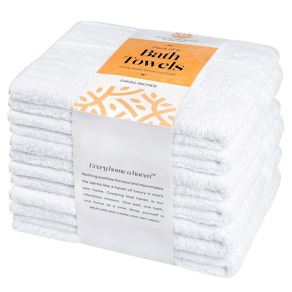 Wealuxe Cotton Bath Towels - 24x50 Inch - Lightweight Soft and Absorbent Gym Pool Towel - 6 Pack - White
