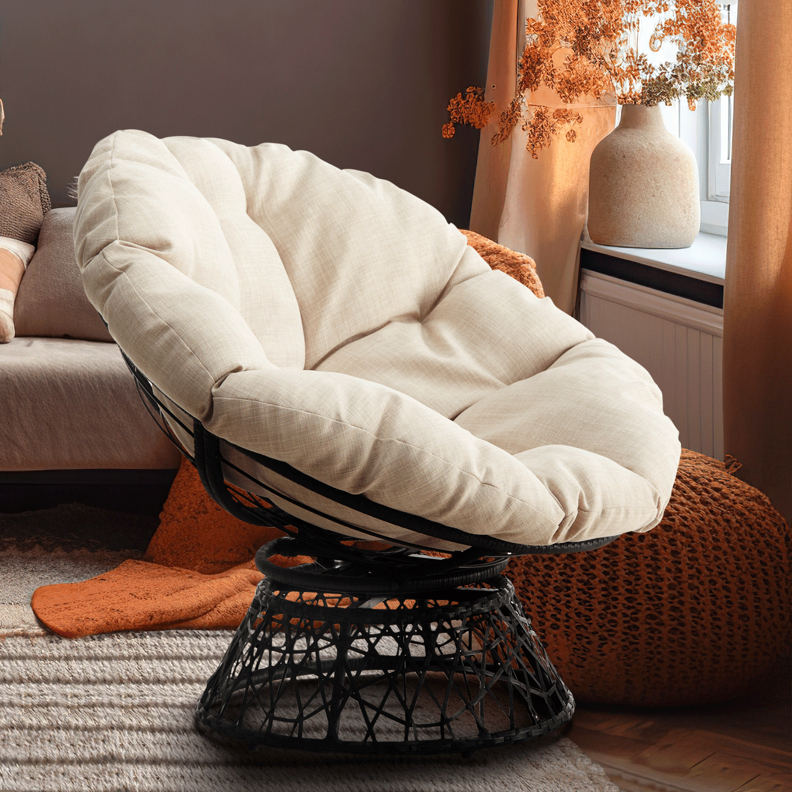 Bme 360 Swivel Comfy Papasan Chair with Fabric Cushion, Sturdy Metal Frame (Cream Vanilla - Black Frame)