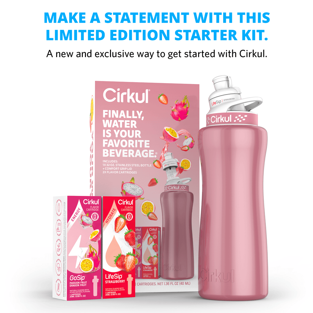 Cirkul 32oz Rose Gold Stainless Steel Water Bottle Starter Kit with Rose Gold Lid and 2 Flavor Cartridges (Strawberry & Passion Fruit Dragon Fruit)