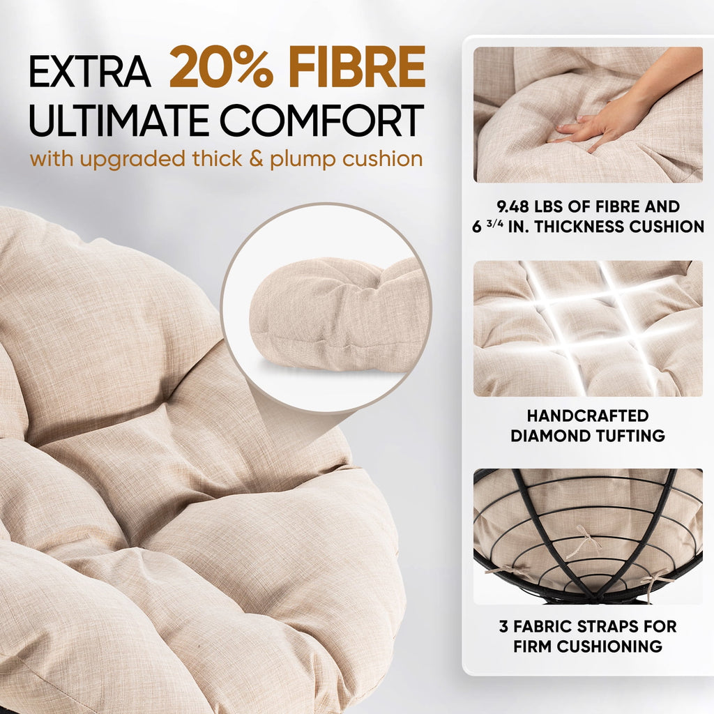 Bme 360 Swivel Comfy Papasan Chair with Fabric Cushion, Sturdy Metal Frame (Cream Vanilla - Black Frame)