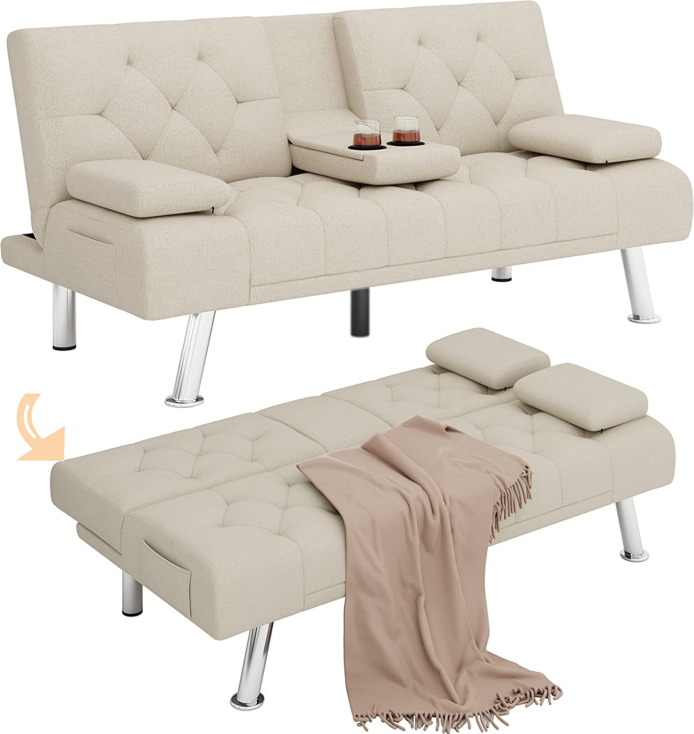 Homfa Convertible Futon Sofa Bed, 66.3'' Upholstered Removable Armrests,Gray Finish