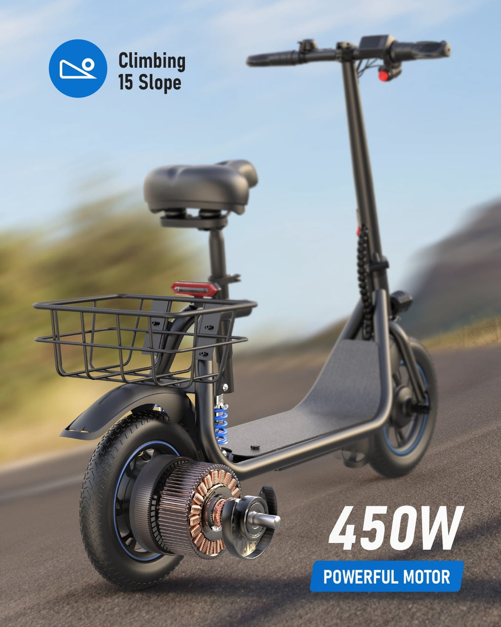 Kistp 450W Electric Scooter with Seat for Adult, 12 inch Commuter Electric Scooter with Basket - up to 21 Miles 15.5MPH