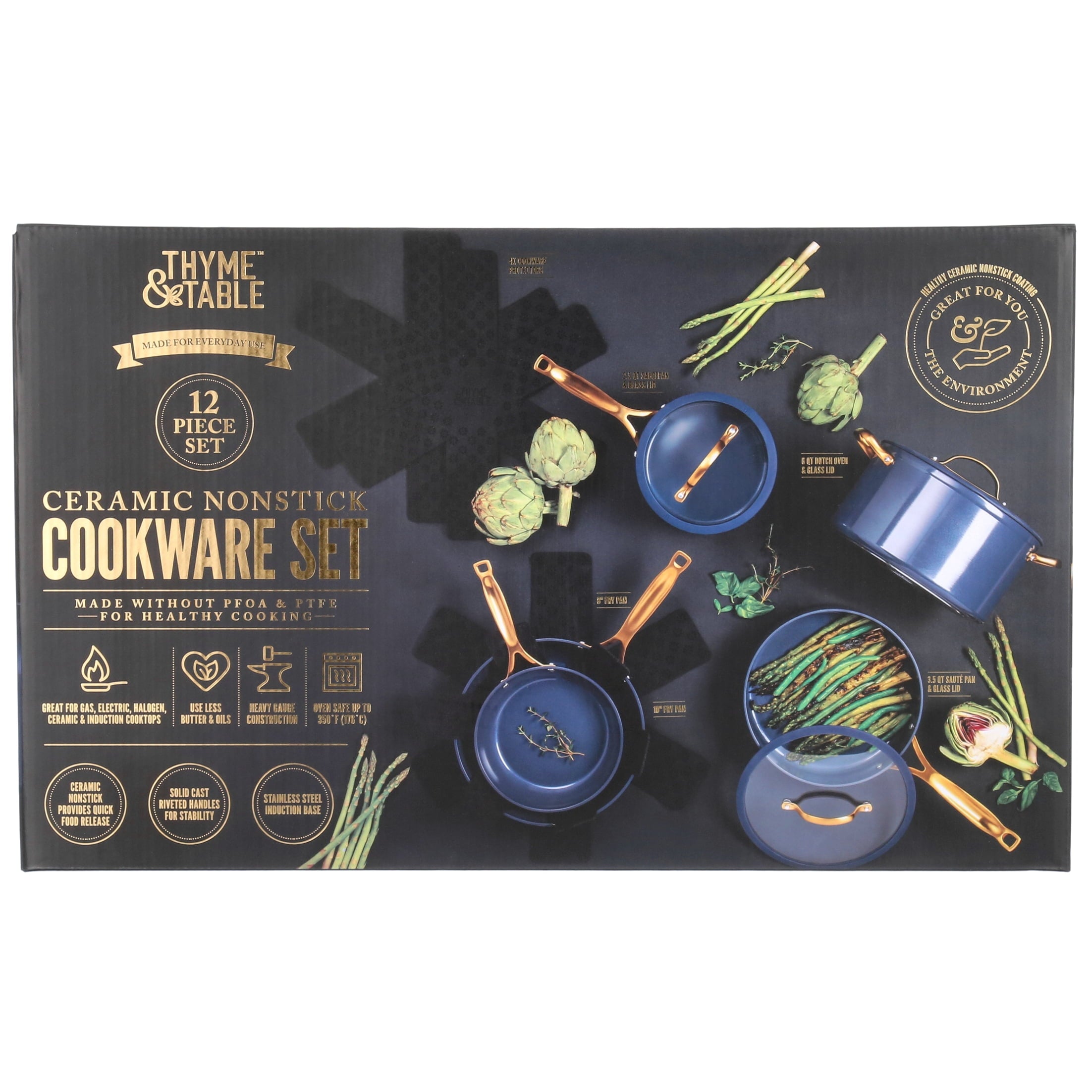 Thyme & Table Non-Stick 12-Piece Signature Cookware Set, Black & Gold