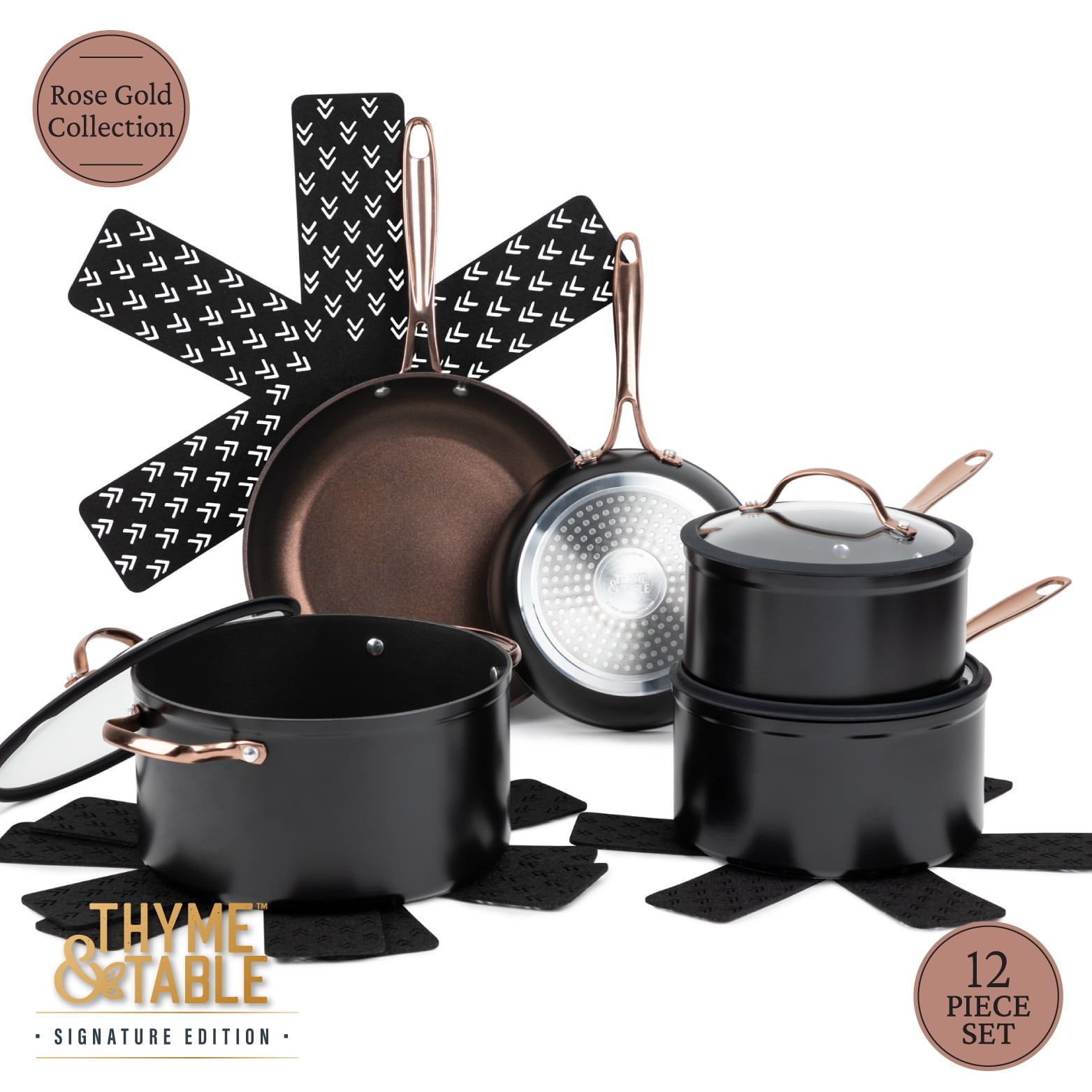 Thyme & Table Non-Stick 12-Piece Signature Cookware Set, Black & Gold