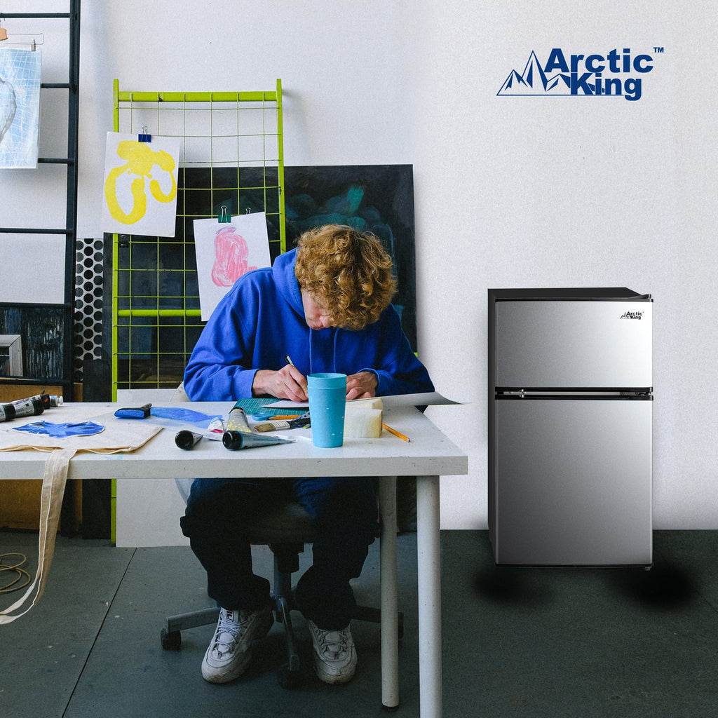 Arctic King 3.2 Cu ft Two Door Mini Fridge with Freezer, Stainless Steel, E-Star