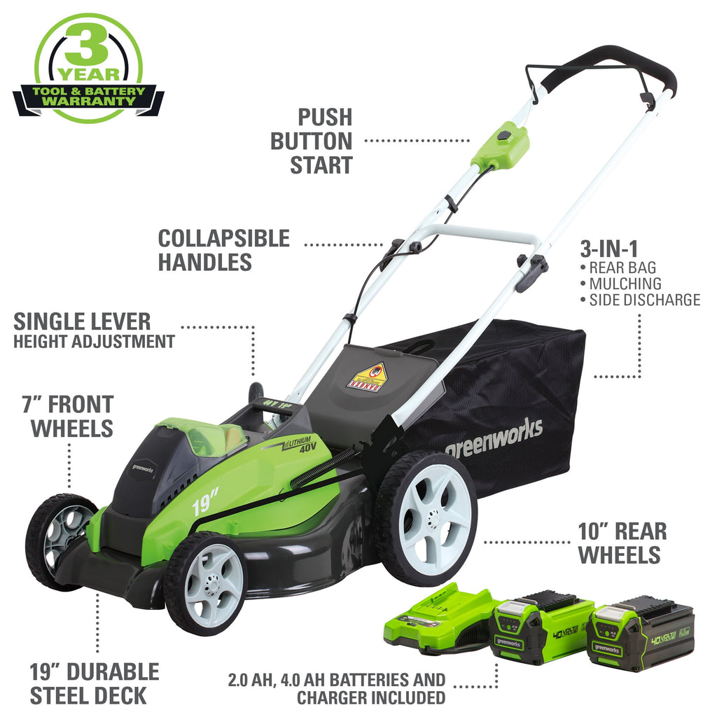 Greenworks 40V 19" Brushless Walk-Behind Lawn Mower with 4.0 Ah Battery & Charger 2524902