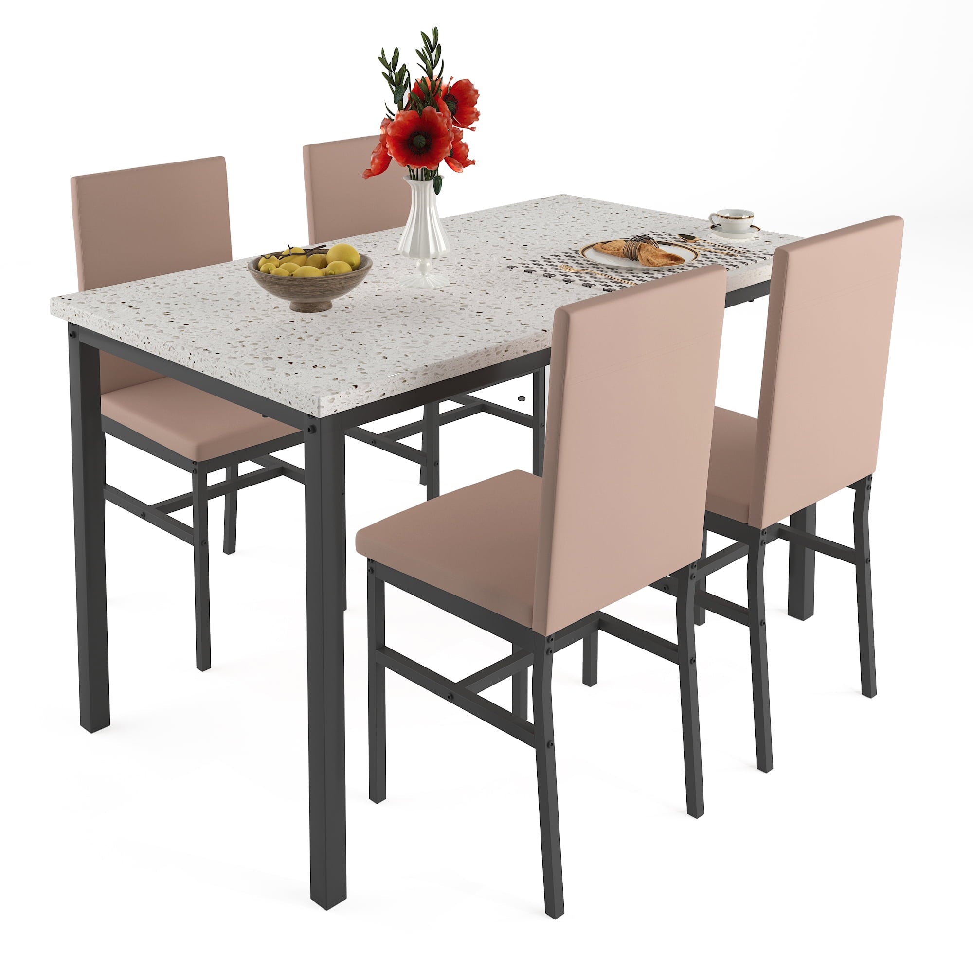 PAPROOS Dining Table Set for 4, Modern 5-Piece Kitchen Table Set with Faux Marble Top and Velvet Upholstery Chairs, Heavy Duty Dinette Sets for Breakfast Nook, Dining Room Table and Chairs, Gray