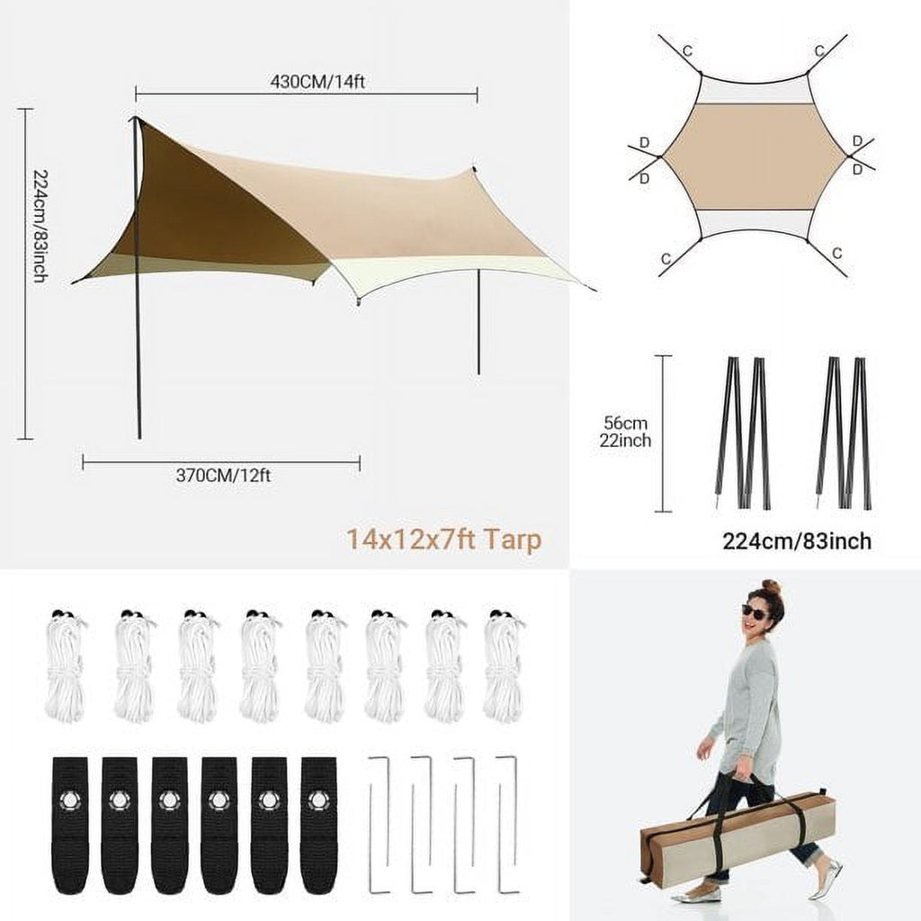 SANOPY 12 x 14ft Camping Tent Tarp Waterproof Tents UPF 50+ Hammock Rain Fly Beach Canopy with 2 Poles Outdoor Accessories Tents Shelter for Backpacking, Hiking, Traveling,Blue