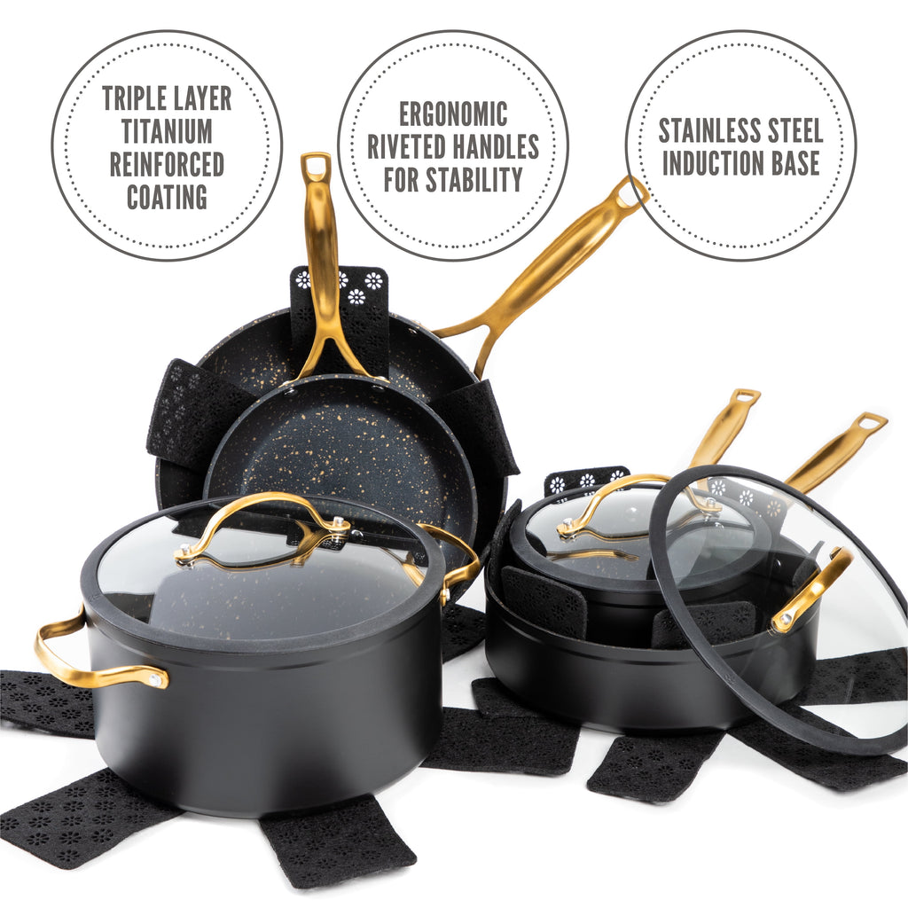 Thyme & Table Non-Stick 12-Piece Signature Cookware Set, Black & Gold