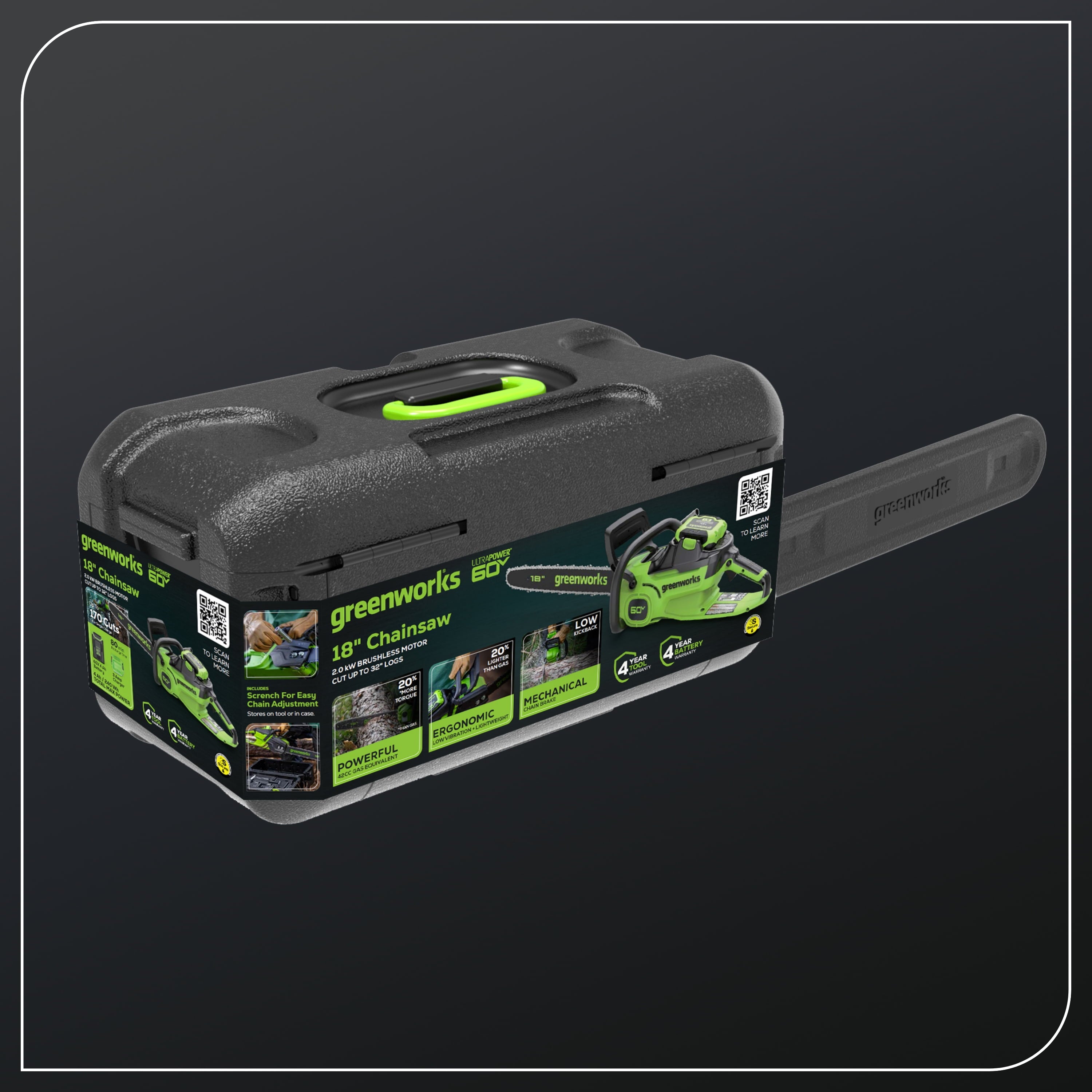 Greenworks 60V 18" 2.0kW Brushless Chainsaw with 4.0 Ah Battery & 3 Amp Charger 2028502