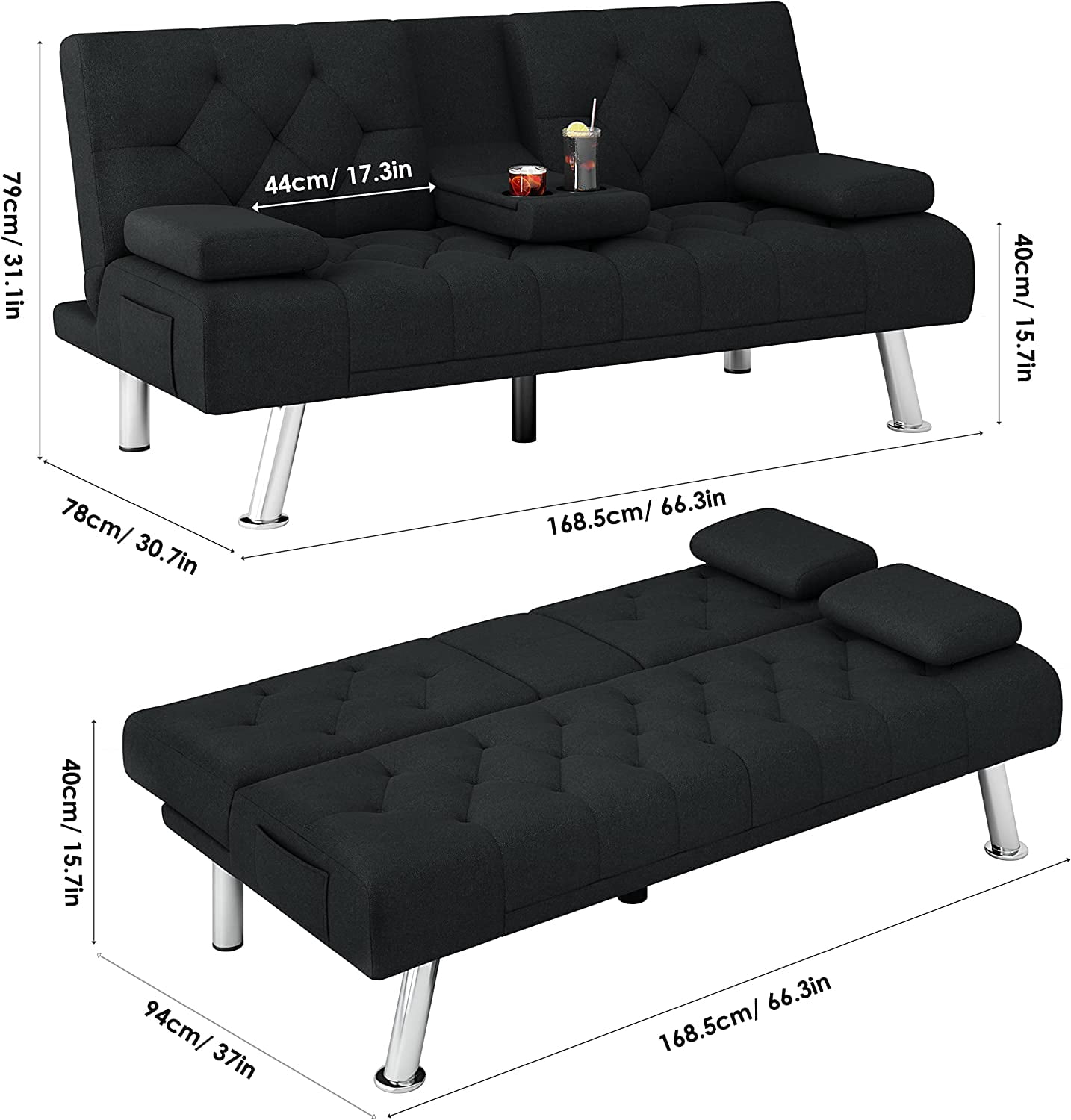 Homfa Convertible Futon Sofa Bed, 66.3'' Upholstered Removable Armrests,Gray Finish
