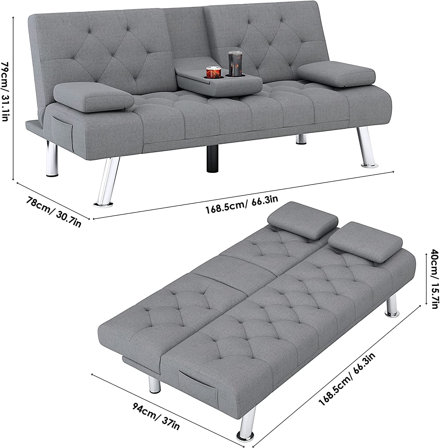 Homfa Convertible Futon Sofa Bed, 66.3'' Upholstered Removable Armrests,Gray Finish