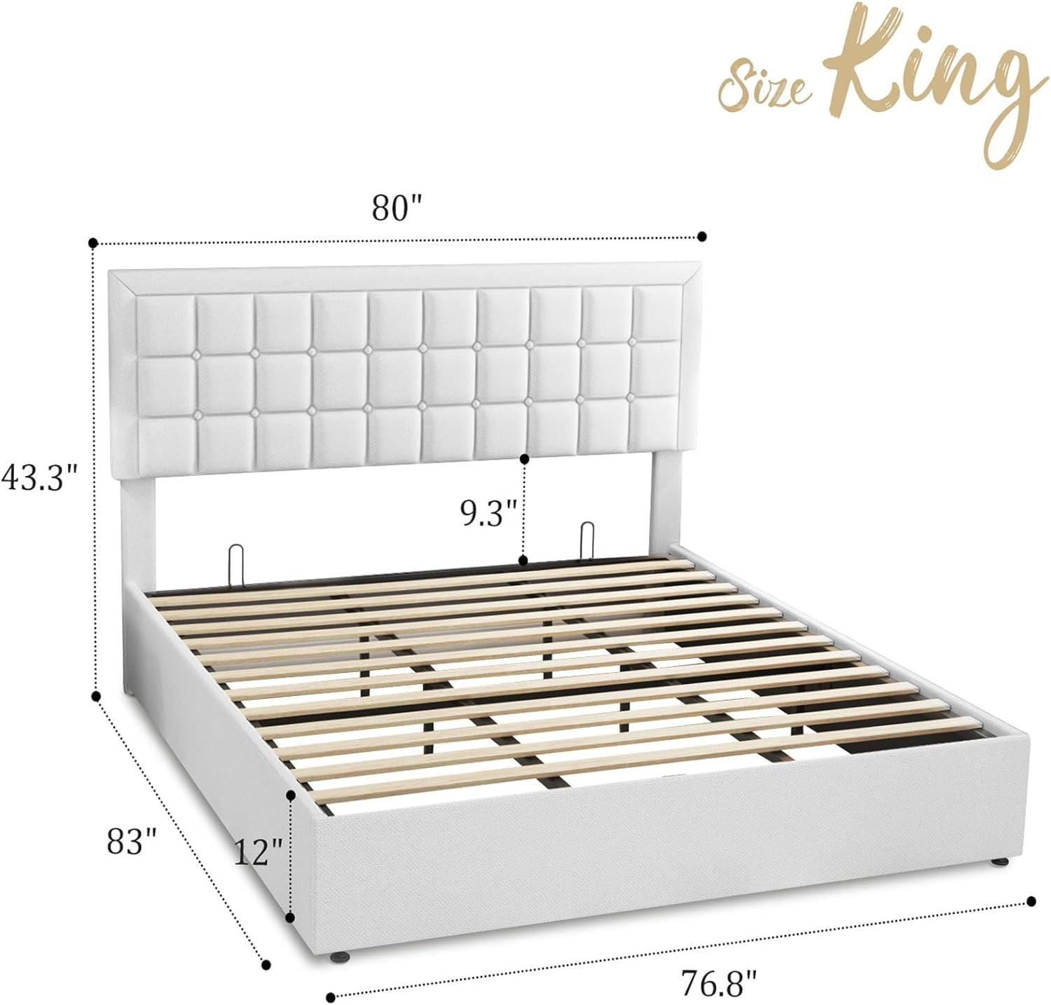 Jocisland King Size Lift Up Storage Bed Frame, Upholstered Platform Bed Frame Button Tufted Headboard/White