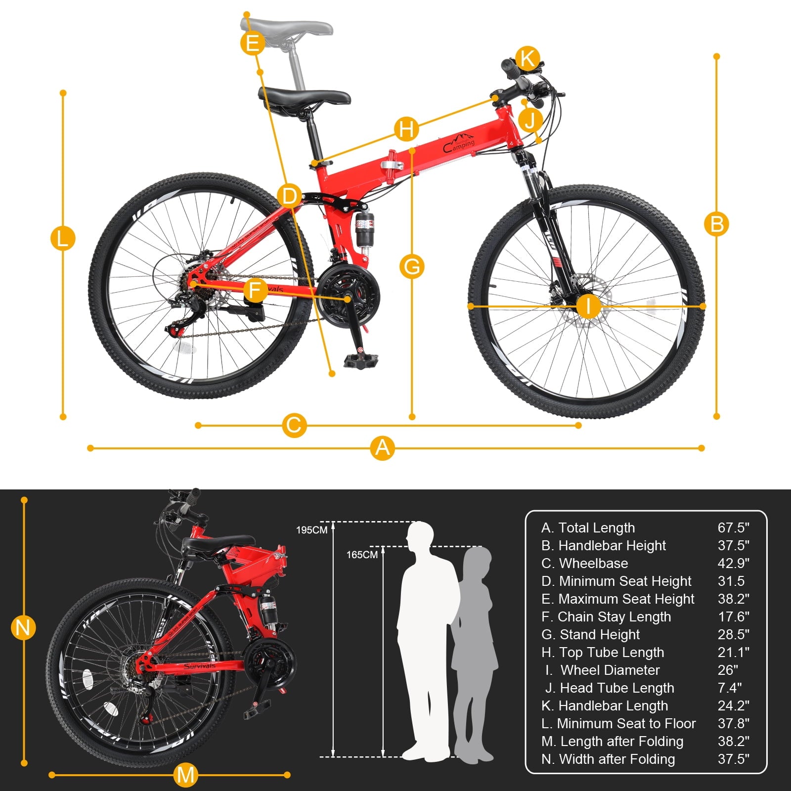UBesGoo Folding Mountain Bike Shimano 21-Speed, with 26 inch Wheels, Red