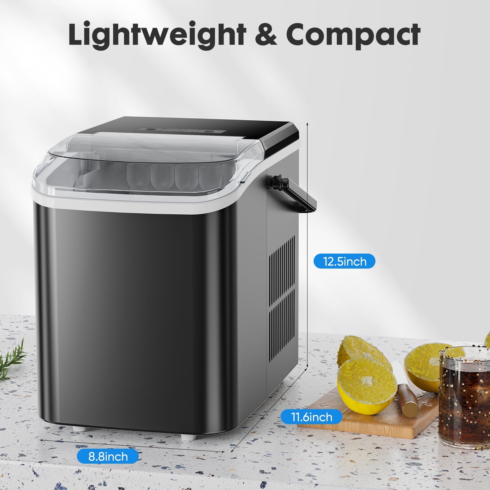 EDX Countertop Ice Maker, Self-Cleaning Portable Ice Maker Machine with Handle and Ice Scoop, Bullet Ice Cubes, 9Pcs/6Min 26.5Lbs/24H for Home/Kitchen/Bar/Party, Black