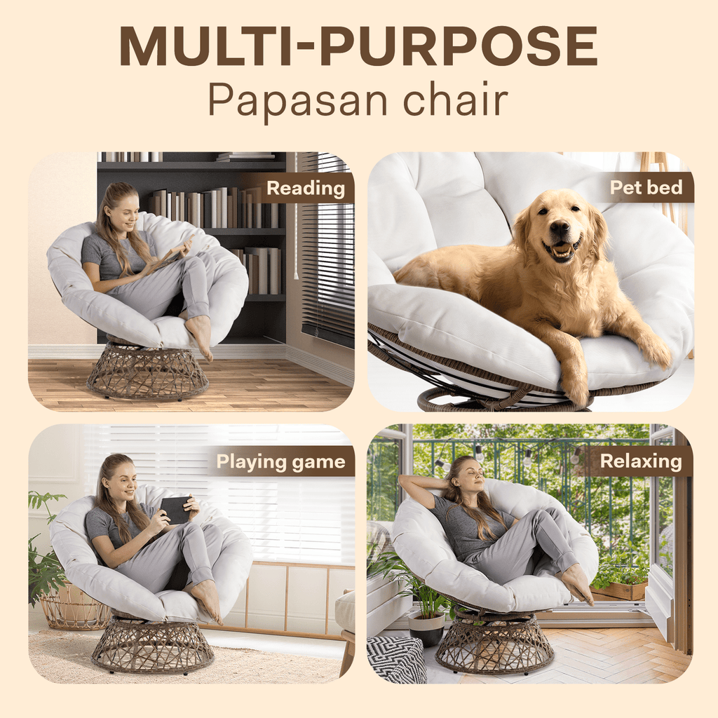 Bme 360 Swivel Comfy Papasan Chair with Fabric Cushion, Sturdy Metal Frame (Cream Vanilla - Black Frame)