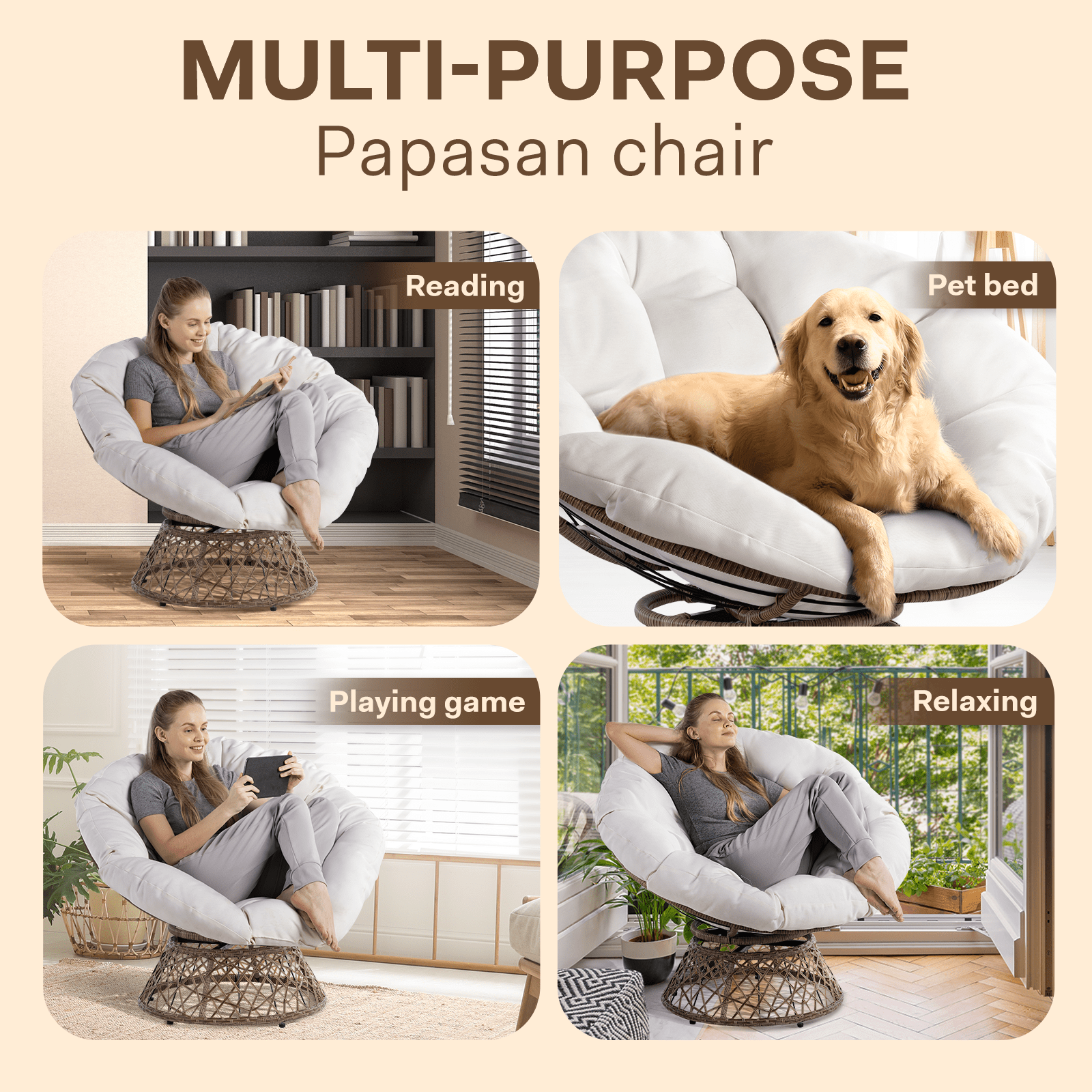 Bme 360 Swivel Comfy Papasan Chair with Fabric Cushion, Sturdy Metal Frame (Cream Vanilla - Black Frame)