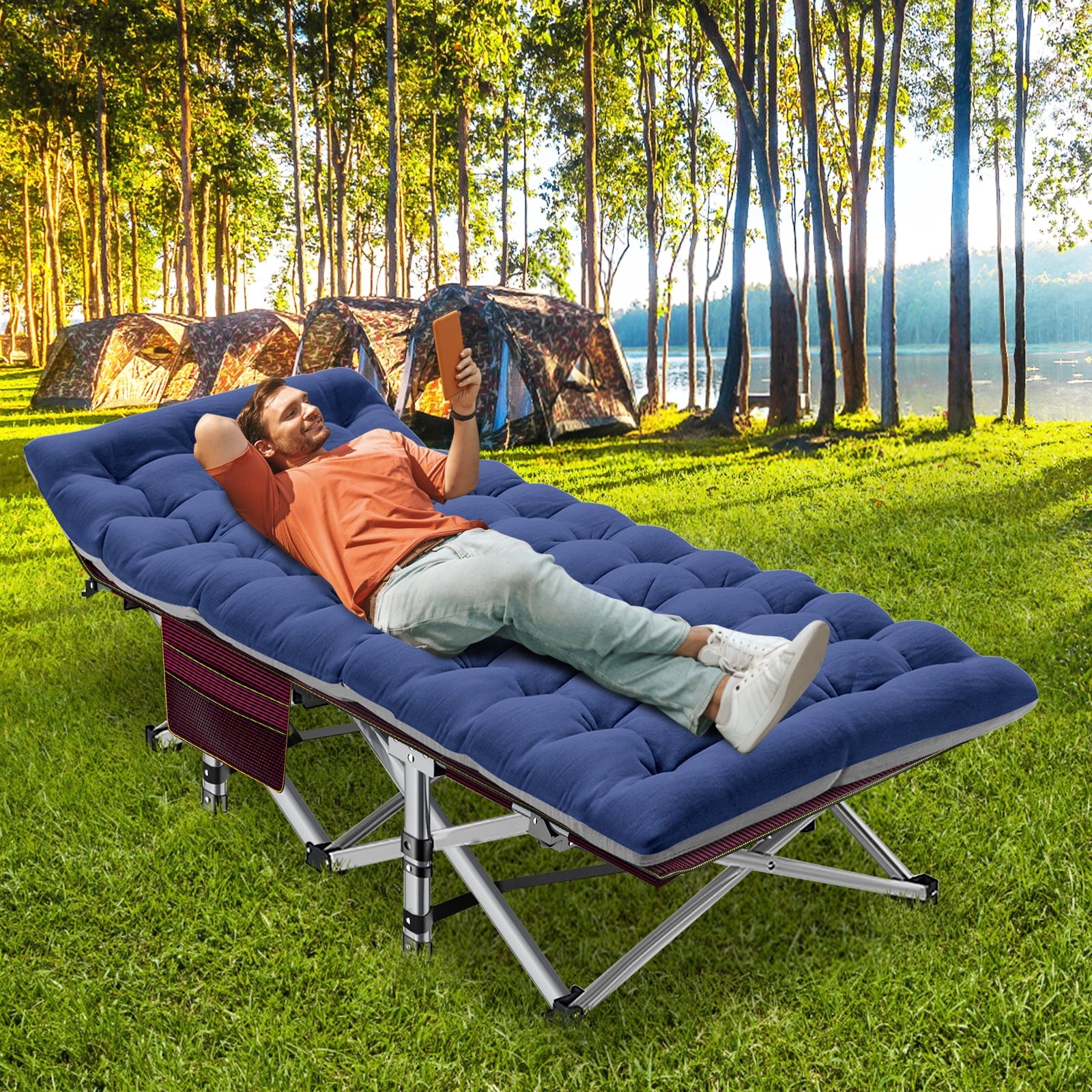 MOPHOTO 75" Portable Folding Bed for Adults, Rollaway Guest Bed Sleeping Cot with Mattress, Heavy Duty Outdoor Camping Cot with Carry Bag