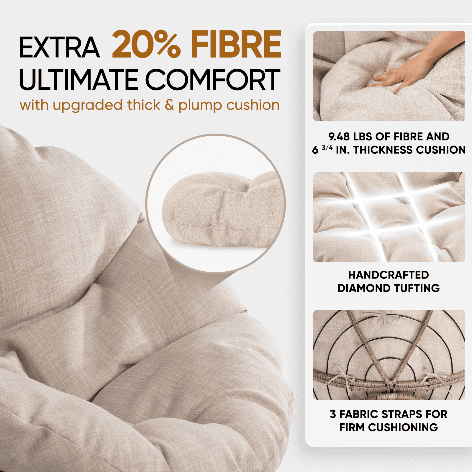 Bme 360 Swivel Comfy Papasan Chair with Fabric Cushion, Sturdy Metal Frame (Cream Vanilla - Black Frame)