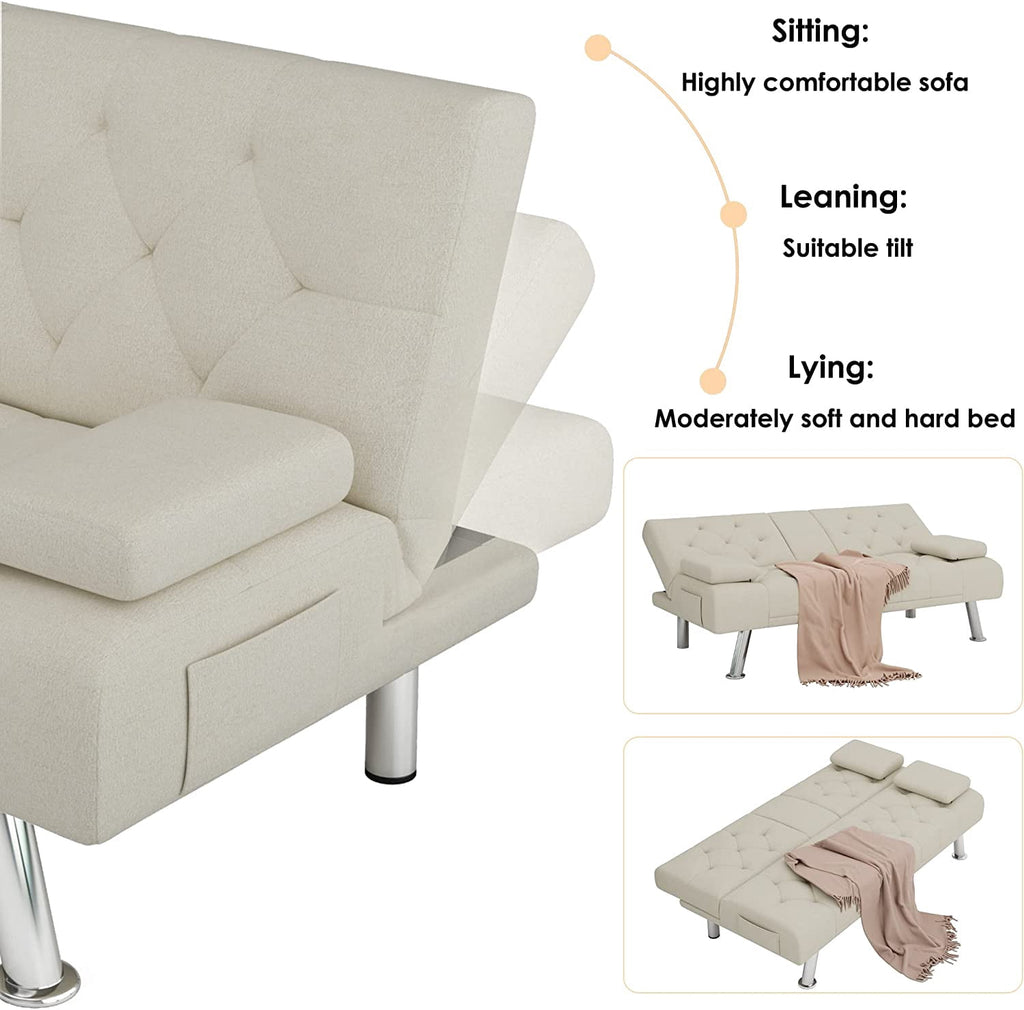 Homfa Convertible Futon Sofa Bed, 66.3'' Upholstered Removable Armrests,Gray Finish