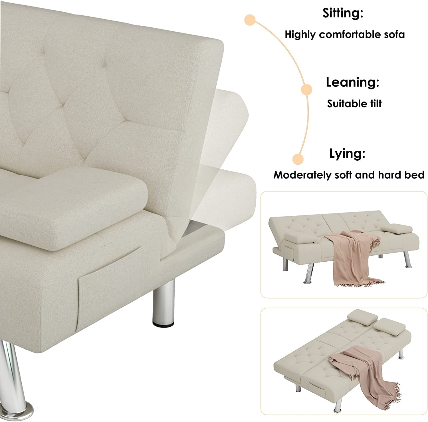 Homfa Convertible Futon Sofa Bed, 66.3'' Upholstered Removable Armrests,Gray Finish