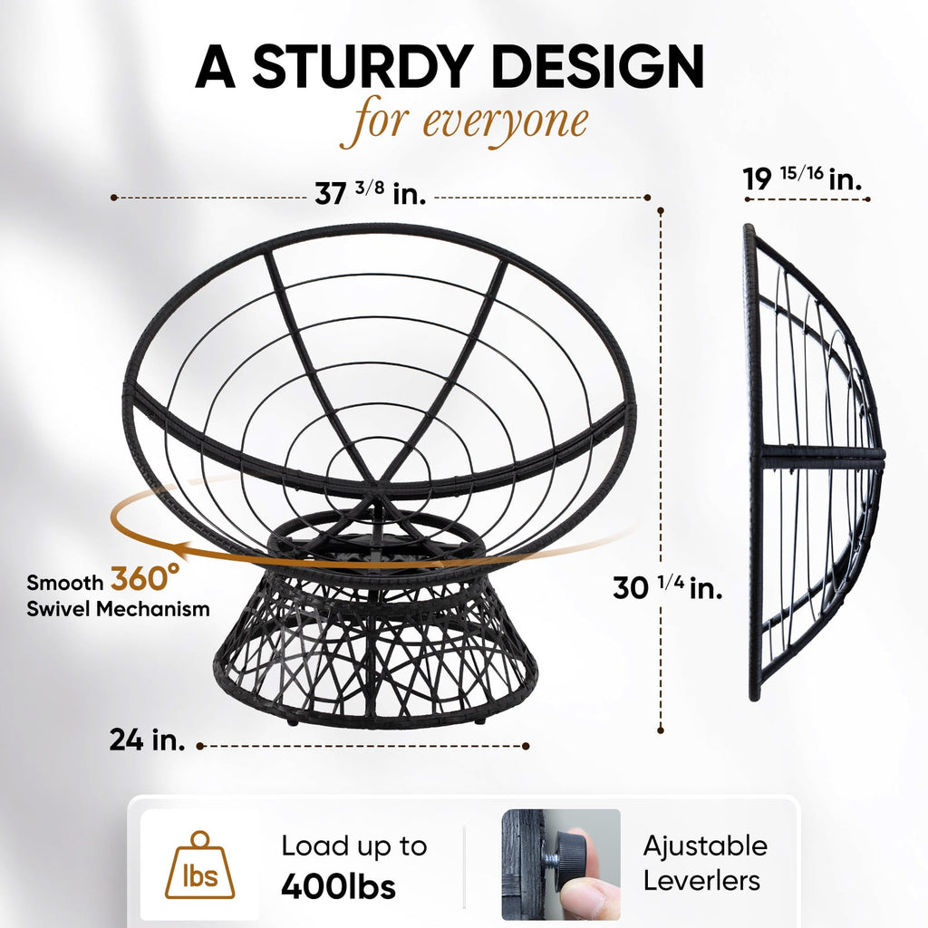 Bme 360 Swivel Comfy Papasan Chair with Fabric Cushion, Sturdy Metal Frame (Cream Vanilla - Black Frame)