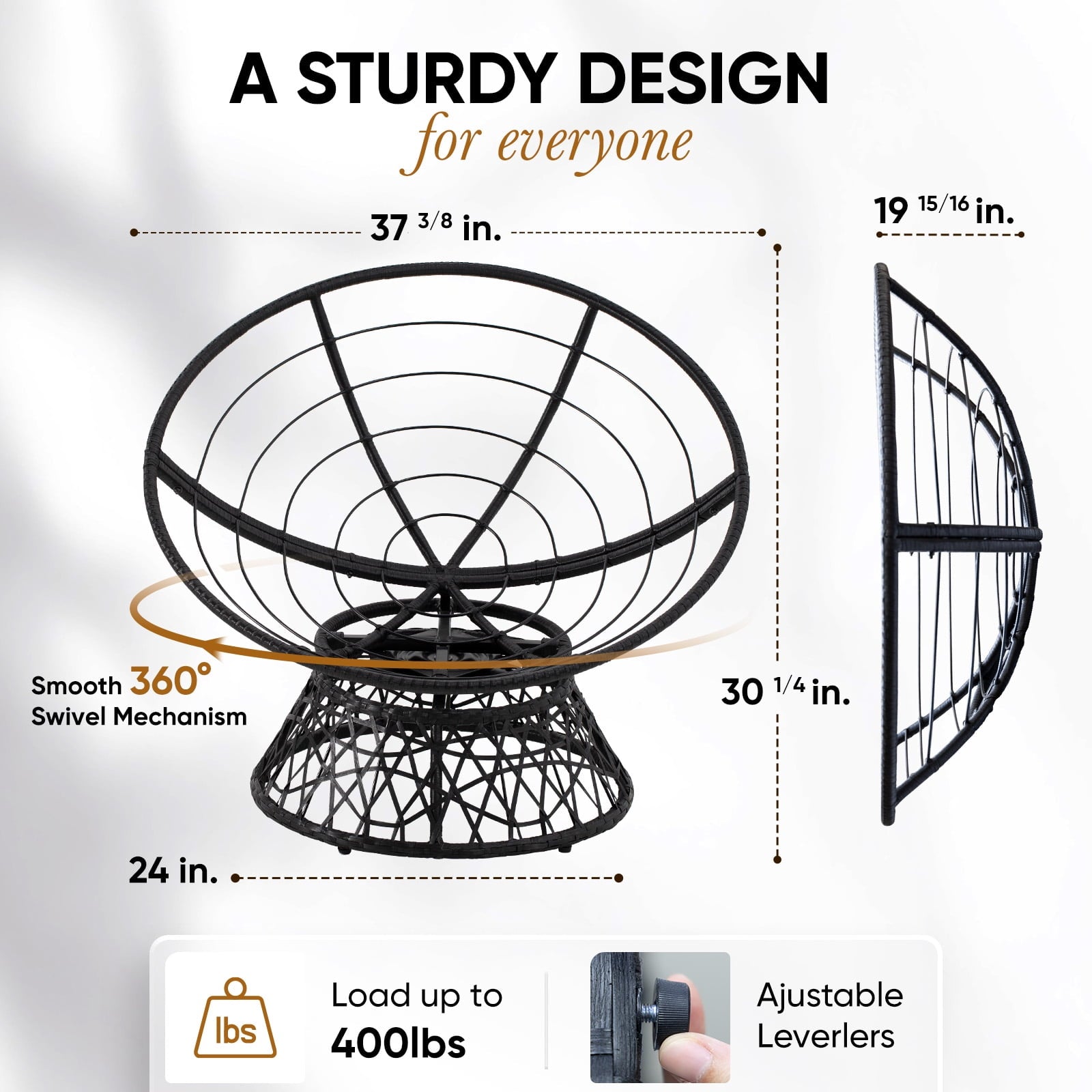 Bme 360 Swivel Comfy Papasan Chair with Fabric Cushion, Sturdy Metal Frame (Cream Vanilla - Black Frame)