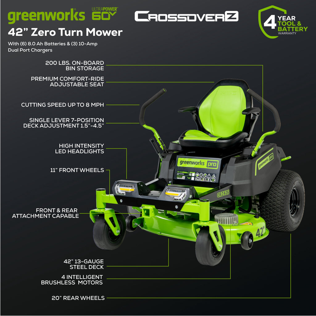 Greenworks 60V 42” Cordless Battery Crossover-Z Zero Turn Riding Lawn Mower with Six (6) 8Ah Batteries & Three (3) Dual Port Turbo Chargers 7409302